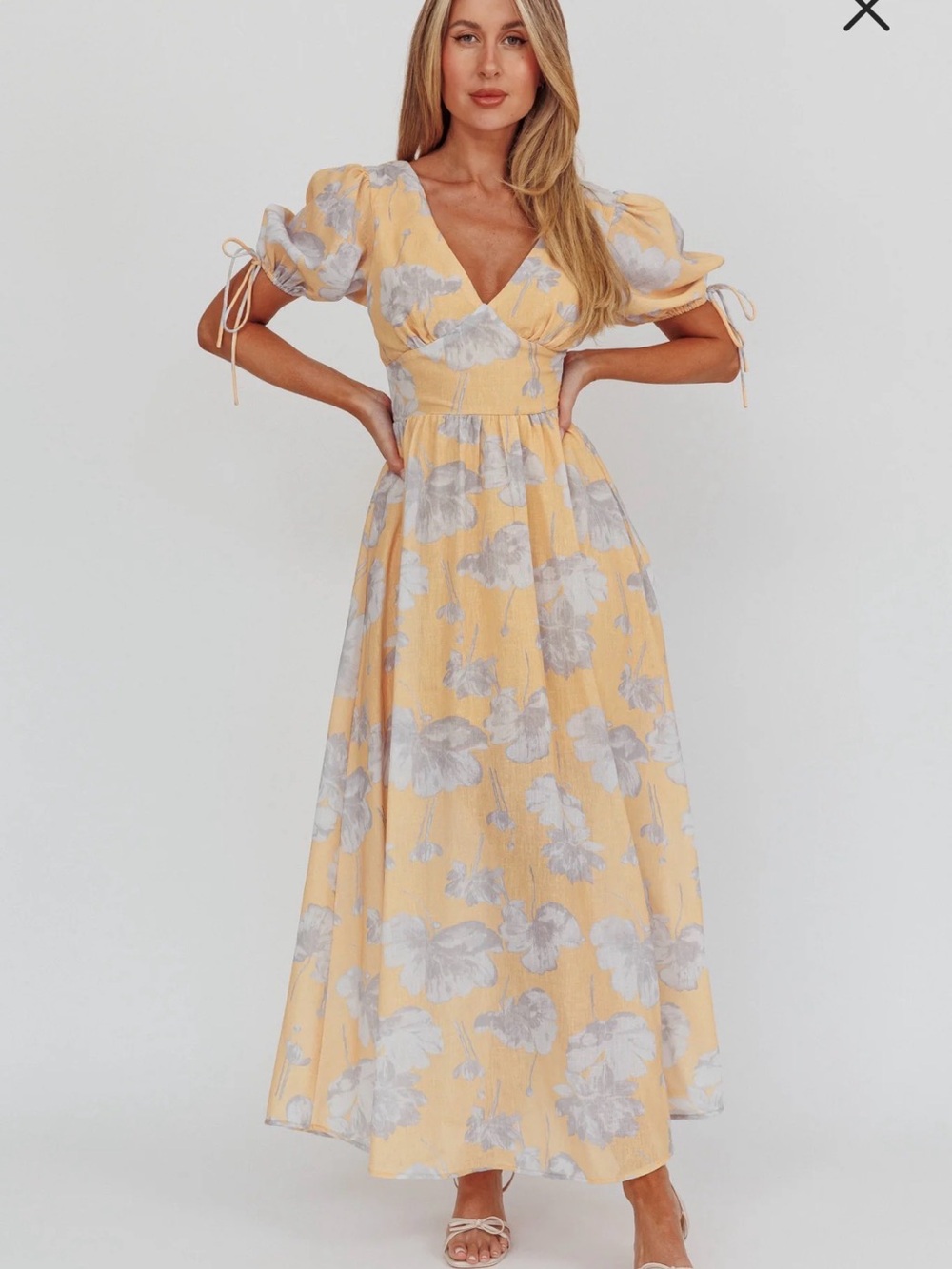 Yellow Floral V-Neck Maxi Dress with Puff Sleeves